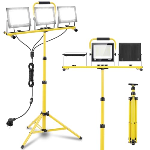 papasbox 300W LED Baustrahler mit Stativ Stecker und Schalter | Baustellenlampe 6500K Kaltweiß Baustellenstrahler | IP66 Wasserdicht Arbeitsleuchte 300W 150W 90W Baulampe für Werkstatt Baustelle von papasbox