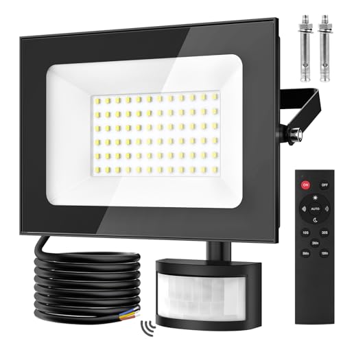 papasbox 50W LED Strahler mit Bewegungsmelder Außen Lichtsensor | Außenstrahler Scheinwerfer Aussen mit Fernbedienung | 6500K Kaltweiß IP66 Wasserdicht Fluter für Garten Garage Sportplatz von papasbox