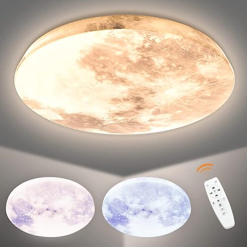 papasbox 36W Ø29cm Mondlampe Decke Mond Deckenlampe Kinderzimmer LED Wandlampe | Deckenleuchte 3000-6500K Dimmbar mit Fernbedienung | IP40 Wasserfest Wand Lampen für Küchenlampe Schlafzimmer von papasbox