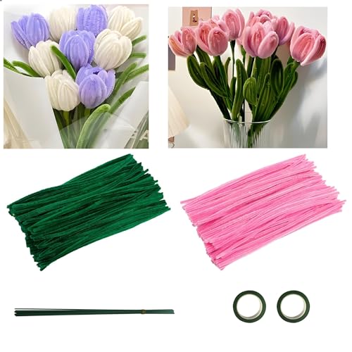 papasgix 222Pcs Pfeifenreiniger Blumen Chenilledraht, Tulpe Pfeifenputzer zum Basteln, Pfeifenputzerdraht mit 20 stäbchen, 2 Klebebänder für Handwerk Geschenkdekoration (Rosa) von papasgix