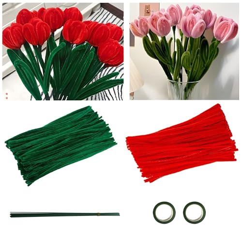 papasgix 222Pcs Pfeifenreiniger Blumen Chenilledraht, Tulpe Pfeifenputzer zum Basteln, Pfeifenputzerdraht mit 20 stäbchen, 2 Klebebänder für Handwerk Geschenkdekoration (Rot) von papasgix