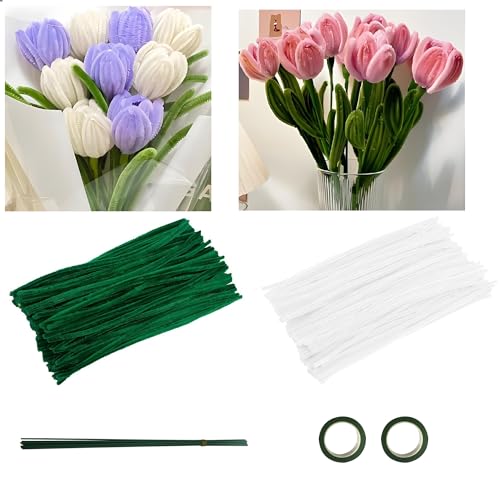 papasgix 222Pcs Pfeifenreiniger Blumen Chenilledraht, Tulpe Pfeifenputzer zum Basteln, Pfeifenputzerdraht mit 20 stäbchen, 2 Klebebänder für Handwerk Geschenkdekoration (Weiß) von papasgix