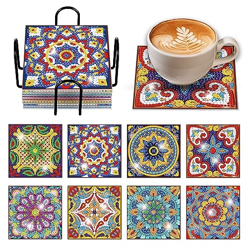 papasgix Diamond Painting Untersetzer mit Halter, DIY Diamond Painting Set Basteln Erwachsene, Mandala Diamant Art Glasuntersetzer für Tassen Gläser Vasen(8pcs Mandala) von papasgix