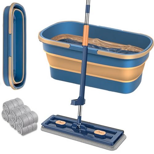 papasgix Großer Flachmopp, Wischmopp Set mit Eimer, 360° Drehbarer Selbstreinigend Bodenwischer Set, Nass- Trockenmopp für Bodenreinigung Hartholz Fliesen Laminat(Blau Moppeimer Set) von papasgix