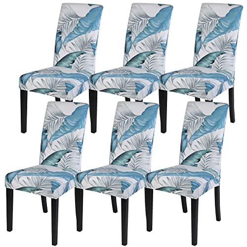 papasgix Stuhlhussen 6er Set,Stretch Stuhlbezug Stuhlüberzug Elastische Abnehmbar Waschbar Spannbezug für Esszimmerstühle Schwingstuhl Bezug Küche Bankette Partys Deko(Hellblaue Blätter,6 Stück) von papasgix
