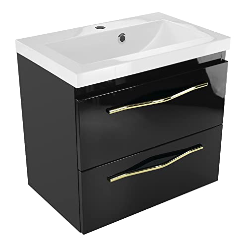 Mineralguss Waschbecken mit Unterschrank 60 cm Breit Girona Sink2, Waschtisch mit Unterschrank Hängend mit Schubladen, Waschplätze, Waschbeckenunterschrank Schwarz Hochglanz mit Goldgriff von paplinskimoebel