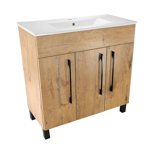 paplinskimoebel - Unterschrank mit Keramik Waschbecken Vittoria, 80 cm Breite, Matt Eichenoptik Korpus, Badmöbel Set für Badezimmer & Gäste-WC, Stehend Waschtisch, Waschbeckenunterschrank von paplinskimoebel
