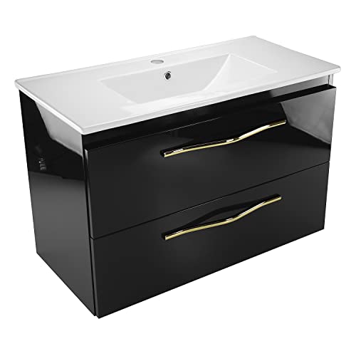 paplinskimoebel - Badezimmer Waschbecken mit Unterschrank 80 cm Breite Girona Sink1, Waschbeckenunterschrank Hängend mit Schubladen, Waschplätze, Waschtisch mit Unterschrank Schwarz mit Goldgriff von paplinskimoebel