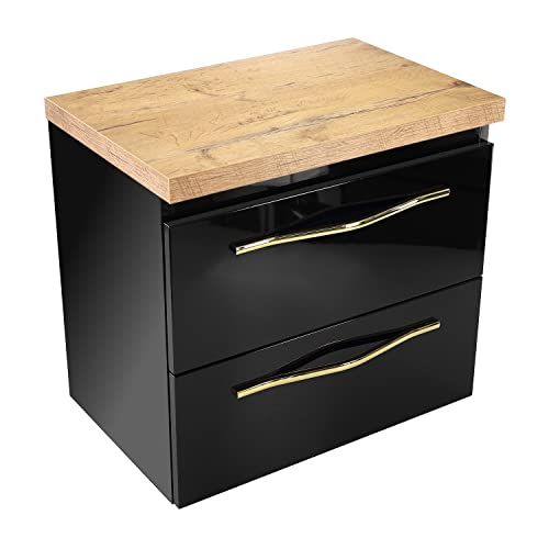 paplinskimoebel Girona 60 schwarzer Hochglanz-Aufsatzschrank B60,5 x T40 x H51,5 Zwei Schubladen, goldene Metallgriffe, auch als Unterschrank für Aufsatzwaschbecken geeignet (Eichenoptik) von paplinskimoebel