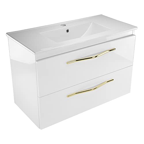 paplinskimoebel Keramik Waschbecken mit Unterschrank 80 cm Breite Girona Sink, Waschbeckenunterschrank Hängend mit Schubladen, Waschplätze, Waschtisch mit Unterschrank Weiß Hochglanz mit Goldgriff von paplinskimoebel