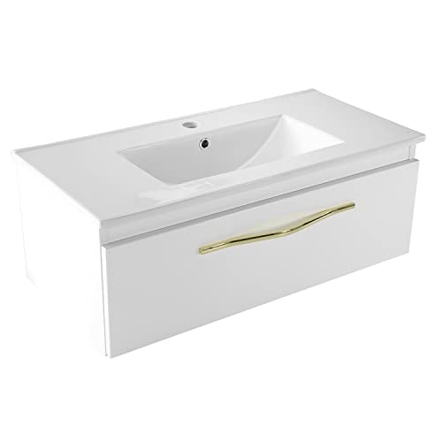 paplinskimoebel Merida Waschtisch mit unterschrank, Waschbeckenunterschrank hängend 80cm breit, Keramik-Waschbecken, Badmöbel mit wasserfestem PVC-Furnier, Goldfarbener Metallgriff, Stilglanz, Weiss von paplinskimoebel