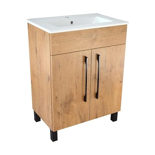 paplinskimoebel - Unterschrank mit Keramik Waschbecken Vittoria, 60 cm Breite, Matt Eichenoptik Korpus, Badmöbel Set für Badezimmer & Gäste-WC, Stehend Waschtisch, Waschbeckenunterschrank von paplinskimoebel