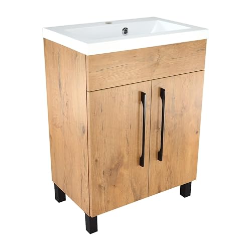 paplinskimoebel - Unterschrank mit Mineralguss Waschbecken Vittoria, 60 cm Breite, Matt Eichenoptik Korpus, Badmöbel Set für Badezimmer & Gäste-WC, Stehend Waschtisch, Waschbeckenunterschrank von paplinskimoebel