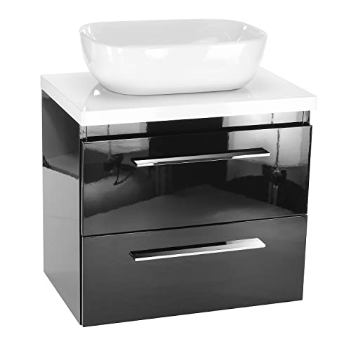 paplinskimoebel - Waschbecken mit Unterschrank 50 cm Breit Sicily Sink, Waschbeckenunterschrank mit Schubladen, Badezimmerschrank Hängend - Schwarz Lackiert mit Aufsatzwaschbecken von paplinskimoebel