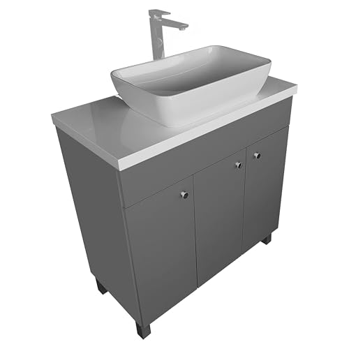 Waschbecken mit Unterschrank 80 cm Breit IGA SINK | Aufsatzwaschbecken mit Unterschrank | Badmöbel Set für Badezimmer & Gäste-WC | Waschtisch mit Unterschrank Stehend | Waschbeckenunterschrank Grau von paplinskimoebel
