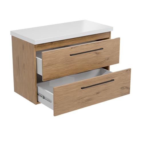 paplinskimoebel - Waschbeckenunterschrank mit Aufsatz 80 cm Breit Girona, Badezimmerschrank mit Arbeitsplatte, Unterschrank für Aufsatzwaschbecken, Waschtischunterschrank Holz - Eiche/Weiss von paplinskimoebel