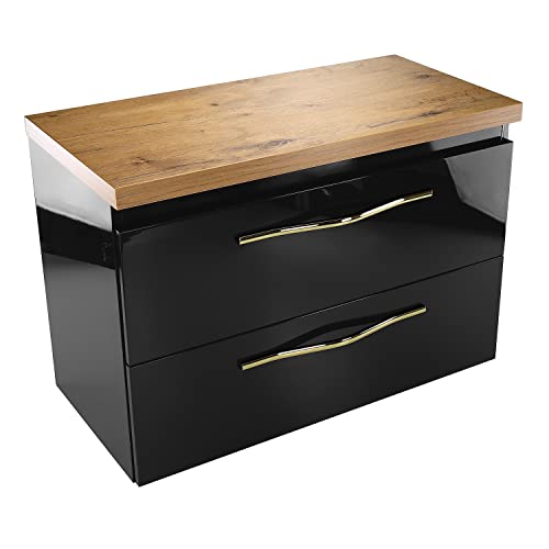 paplinskimoebel - Waschbeckenunterschrank mit Aufsatz 80 cm Breit Girona, Badezimmerschrank mit Aufsatz, Unterschrank für Aufsatzwaschbecken, Waschtischunterschrank Hochglanz - Schwarz/Eiche von paplinskimoebel