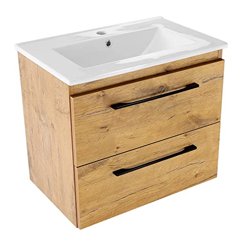 Waschbecken mit Unterschrank 60 cm Breit Girona, Waschbeckenunterschrank Hängend mit Schubladen, Waschtischunterschrank, Waschbeckenunterschrank Holz (Lancelot-Eiche) - Keramik Waschtisch von paplinskimoebel