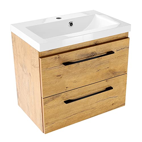 Waschbecken mit Unterschrank 60 cm Breit Girona, Waschbeckenunterschrank Hängend mit Schubladen, Waschtischunterschrank, Waschbeckenunterschrank Holz (Lancelot-Eiche) - Mineralguss Waschtisch von paplinskimoebel