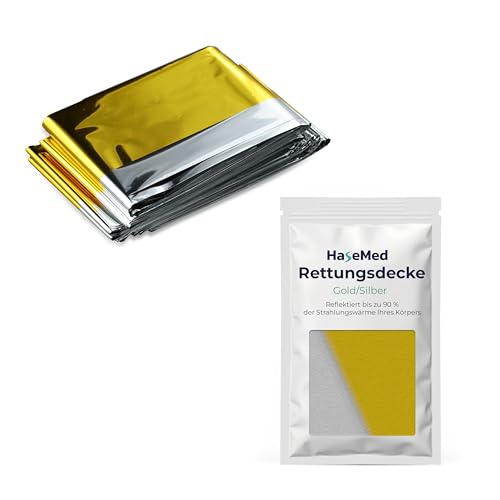 HaseMed Rettungsdecke 160 x 210 cm – 1 Stück Gold/Silber Isolierdecke für Erste Hilfe & Notfälle – Schutz vor Kälte & Hitze bei Unterkühlung oder Hitzeschock – Ideal für Auto, Outdoor & Camping von parahealth