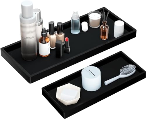 parallelower 2 Stück Badezimmer Tablett Schwarz Deko Tablett Silikon Schmucktablett Rechteckig Rutschfestes Serviertablett für Waschtisch Badewanne Küchen und Toilette(2 Größen) von parallelower