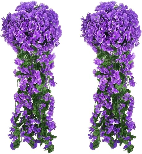 parallelower 2 Stück Künstlich Hängende Blumen Veilchen Künstlicher Violettfarbenen Blüten Hängeblumen Künstlicher Efeu mit Violettfarbenen Blüten für Büro Hausgarten Party Hochzeit (Lila) von parallelower