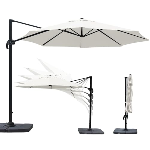 paramondo parapenda Sonnenschirm Ampelschirm aus 230 g/㎡ Polyesterfaser, Rund, Ø 3,5 m, 360° Schwenkbar, Kurbelbedienung, Weiß, Stahl-Standkreuz und Gestell in Anthrazit, 20.6kg von paramondo