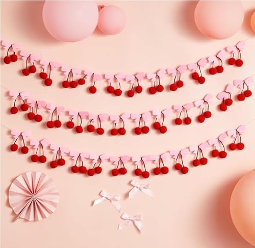 3 Stück rosa Schleife Kirsche Banner Kirsche Geburtstag Party Dekorationen rosa Schleife Girlanden niedliche Obst hängende Dekoration für Geburtstag Baby Shower Junggesellinnenabschied Brautdusche von party greeting