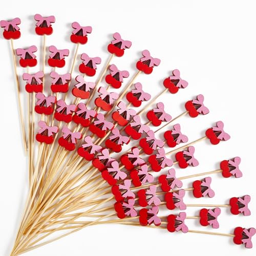 Cocktailspieße mit Kirschschleife, 12 cm, Bambus-Rührstäbchen, rosa Kokettschleife, rosa Kirschspieße, Obststäbchen, Vorspeisen, Picks für Geburtstag, Hochzeit, Braut, Urlaub, Babyparty, Party, 100 von party greeting