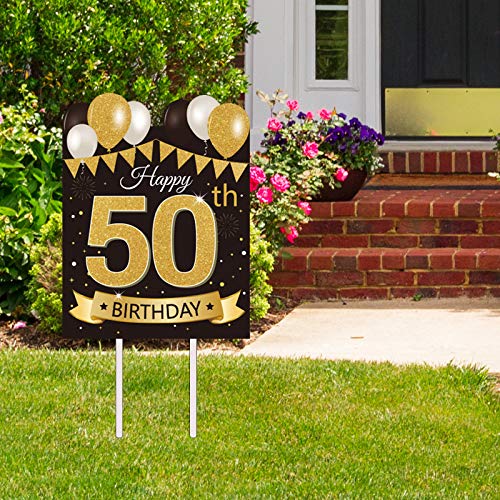party greeting Happy 50. Geburtstag Hofschild Schwarz Gold 50 Geburtstag Party Dekorationen Rasen Schilder für Männer und Frauen 43 cm x 33 cm Kunststoff Bodenmontage von party greeting