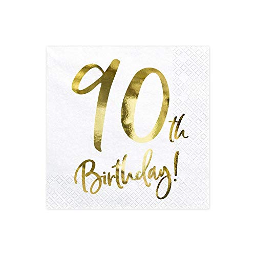 PartyDeco Weiße Papierservietten mit der Aufschrift 90th Birthday- 90. Geburtstag Dekorationen für Runde Geburtstag- Dekorative Servietten Papiertaschentücher Taschentücher Bedruckte Tabelle von partydeco.pl