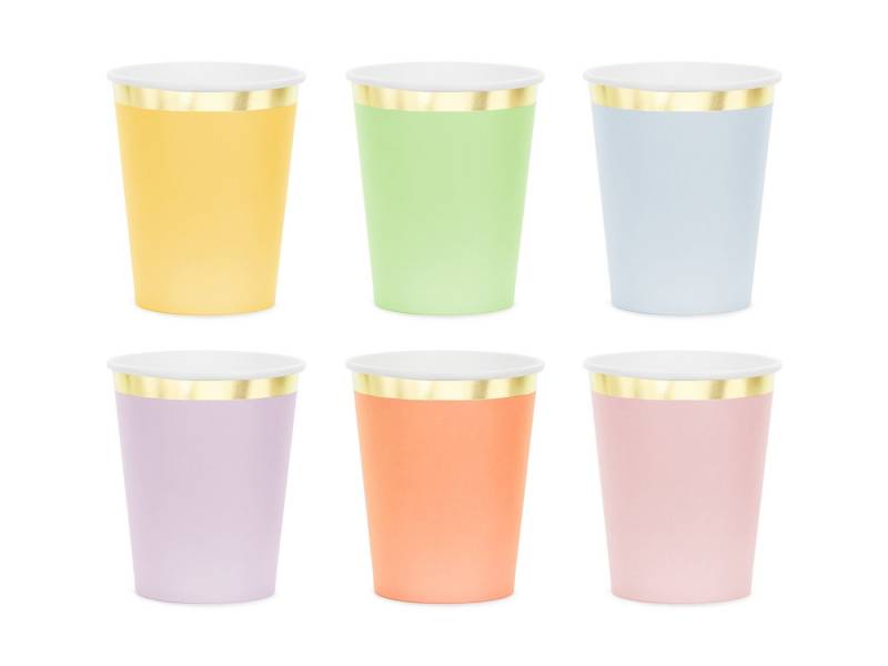 partydeco Becher, Papier, Pappbecher 220ml mit Goldrand 6er Set Bunt Pastell / Gold von partydeco