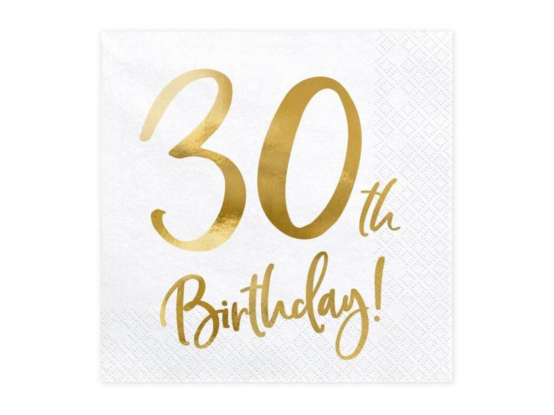 partydeco Papierserviette, Servietten 30. Geburtstag 33x33cm 20 Stück, weiß / gold von partydeco