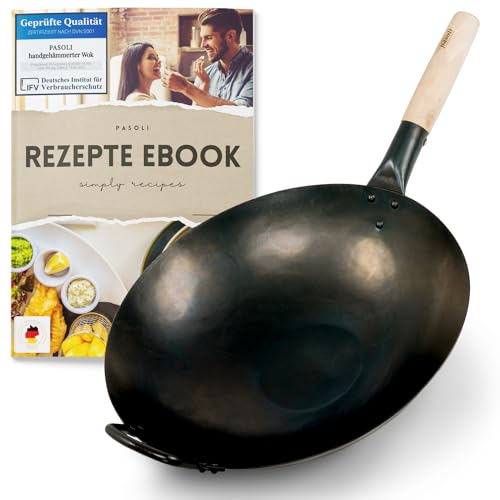 pasoli handgehämmerter Wok + gratis Rezepte eBook - voreingebrannt - traditionelle Asiapfanne - Bratwok aus Carbonstahl - induktionsgeeignete Wokpfanne - Durchmesser 36 cm von pasoli