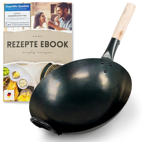 pasoli Wok für Gasherd und Grill inkl. gratis Rezepte eBook - voreingebrannt - Asiapfanne mit rundem Boden - Carbonstahl Bratwok - handgehämmerte Wokpfanne - Durchmesser 36 cm von pasoli