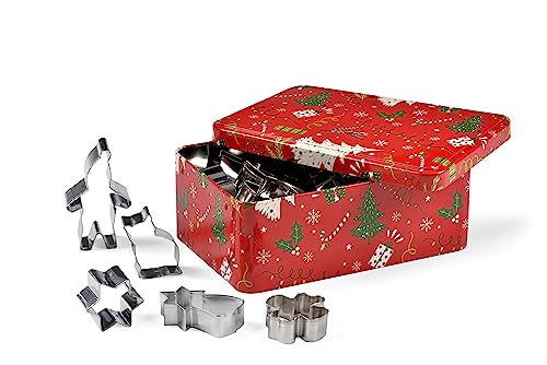 patisse 13720 – Rote Metall-Weihnachtsbaum-bedruckte Box mit 25 verschiedenen Ausstechformen aus Edelstahl – Baum, Elfe, Engel, Stern, Lebkuchen, Zuckerstange usw von patisse