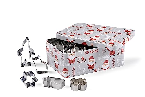 patisse 13721 – Graue Metall-Weihnachtsmann-Druckbox mit 25 verschiedenen Ausstechformen aus Edelstahl – Baum, Elfe, Engel, Stern, Lebkuchen, Zuckerstange usw von patisse