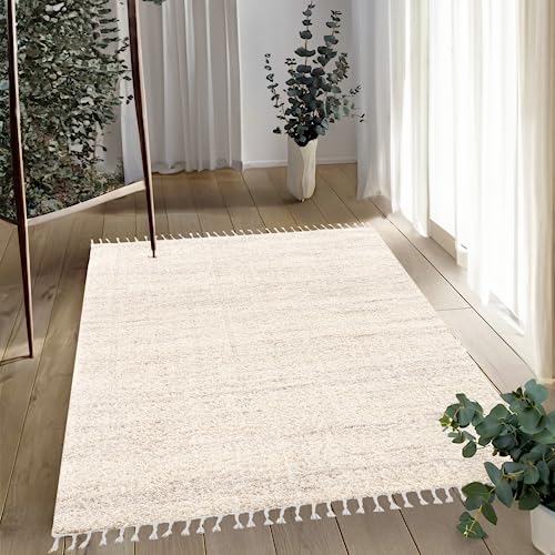 payé Hochflor-Teppich Wohnzimmer Cream - 120x160cm - Meliert mit Fransen - Weiche Schlafzimmer-Teppiche für gemütliche Wohnatmosphäre von payé