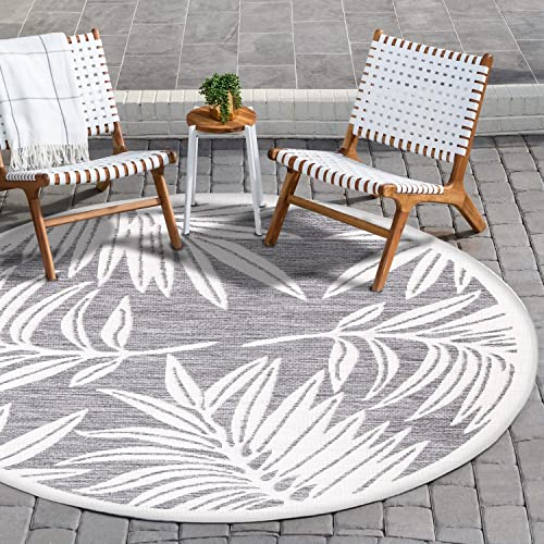 payé Outdoor Teppich Rund - 200x200cm - Wetterfest - Grau Weiß - Pflanzen Muster - Teppiche für Terrasse Balkon Garten Indoor von payé