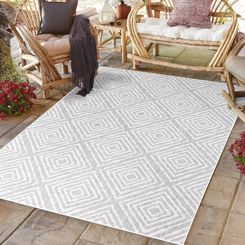 payé Outdoor Teppich Wetterfest - 160x230cm - Grau Weiß - Vintage Raute - Teppiche für Terrasse Balkon Garten Indoor von payé