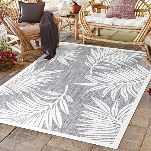 payé Outdoor Teppich Wetterfest - 200x290cm - Grau Weiß - Pflanzen Muster - Teppiche für Terrasse Balkon Garten Indoor von payé