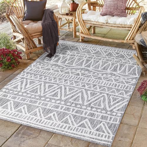 payé Outdoor Teppich Wetterfest - 240x340cm - Grau Weiß - Ethno Look - Teppiche für Terrasse Balkon Garten Indoor von payé