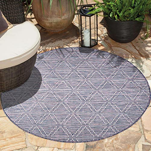 payé Outdoor Teppich Wetterfest Rund - Blau-Pink - 160cm - Geometrische Muster - Küche Badezimmer Balkon Garten Terrassenteppich Camping Wohnzimmer Teppiche von payé