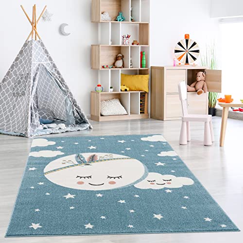 payé Teppich Kinderzimmer - Blau - 120x160cm- Mond Wolke Sterne - Himmel- Kurzflor Kinderteppich - Jungen und Mädchen - Spielteppich - Oeko-Tex Standard 100 von payé