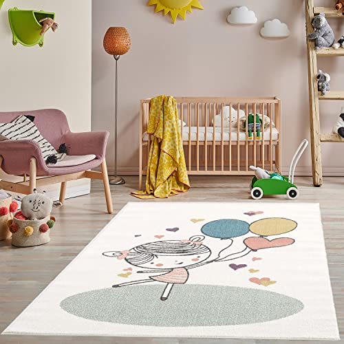 payé Teppich Kinderzimmer - Cream - 160x230 cm - Spielteppich Luftballon Herz fröhliches Mädchen Kurzflor Kinderteppich - Oeko-Tex Standard 100 von payé