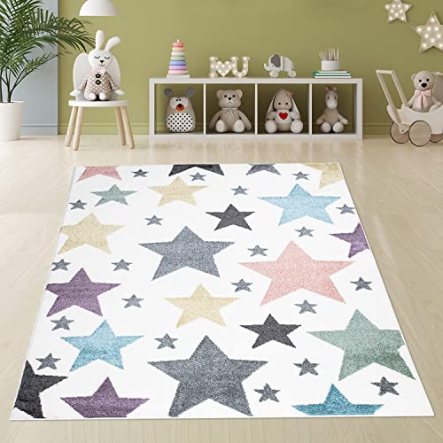 payé Teppich Kinderzimmer - Cream Bunt - 120x160cm - Sterne in Pastellfarben Sternenteppich Spielteppich Kinderteppich Kurzflor Weich von payé