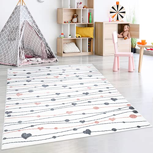 payé Teppich Kinderzimmer Läufer - Cream - 80x150cm - Spielteppich Pastellfarben Bunte Herze Punkte Kinderteppich Kurzflor Weich von payé