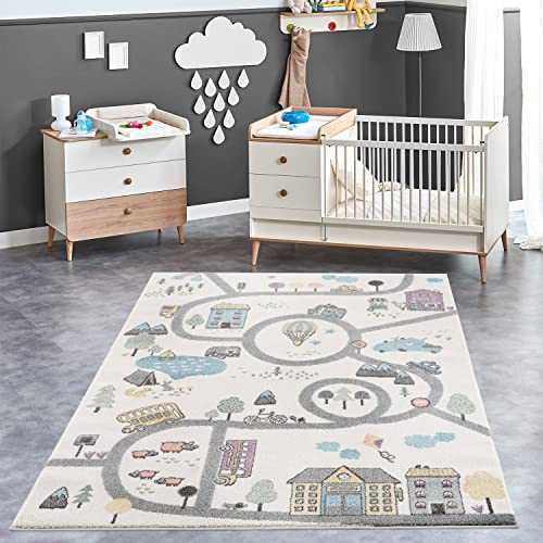 payé Teppich Kinderzimmer Läufer - Creme - 80x150cm - Straßenteppich Pastellfarben Spielteppich Kinderteppich Babyzimmer Kurzflor Weich von payé