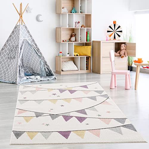 payé Teppich Kinderzimmer - Pastelfarben - Creme - 80x150 cm - Wimpel Girlande - Sterne Kurzflor Kinderteppich Spielteppich - Oeko-Tex Standard 100 von payé