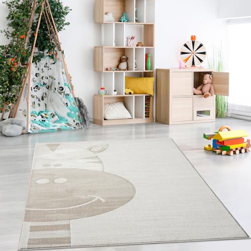 payé Teppich Kinderzimmer 120x160cm - Pastell Beige Creme - Kurzflor Spielteppich mit niedlichem Zebra Motiv von payé